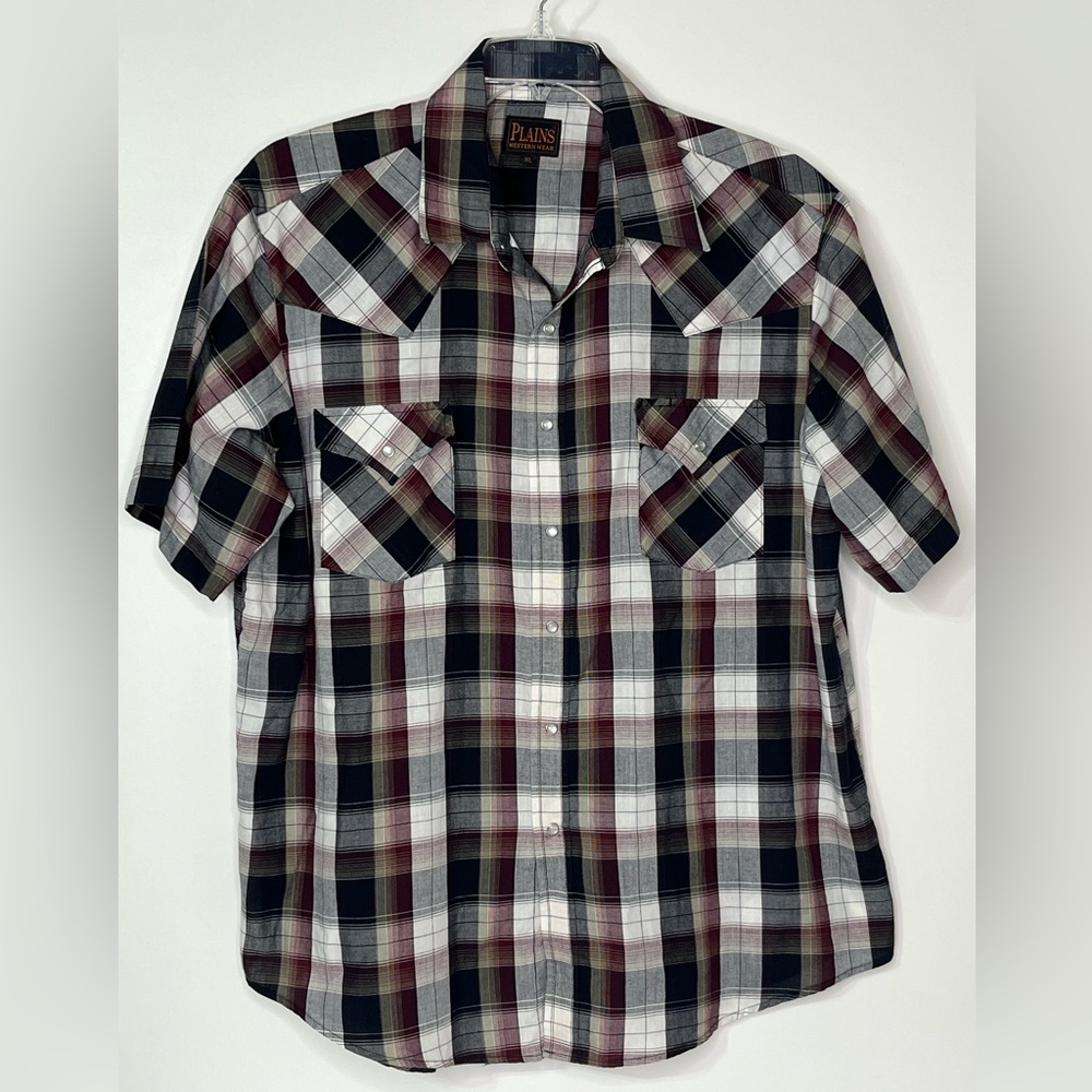 Plains Western Wear Short Sleeve Plaid Pearl Snap Up Collared Shirt‎ Men's XL